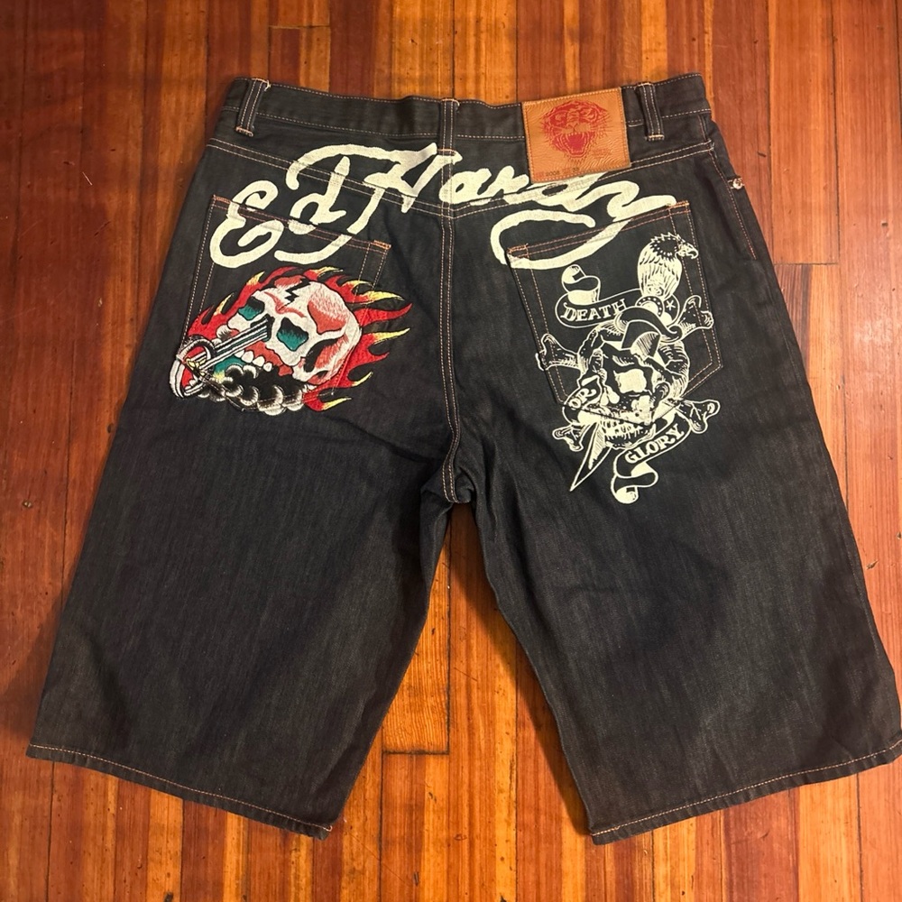 Ed Hardy Dark Jean Shorts with Bold Graphics
